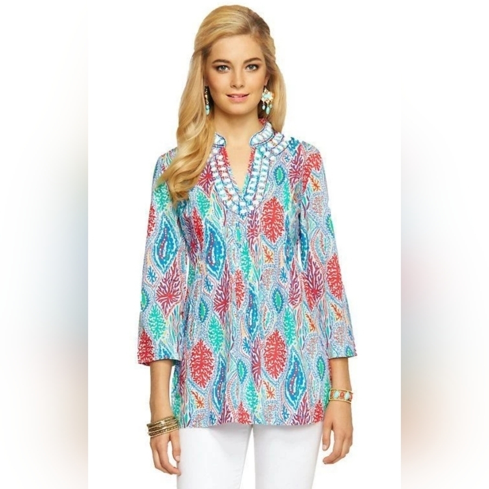 Lilly Pulitzer Colorful Cotton Tunic Top Size L | Resort Beach Boho Print